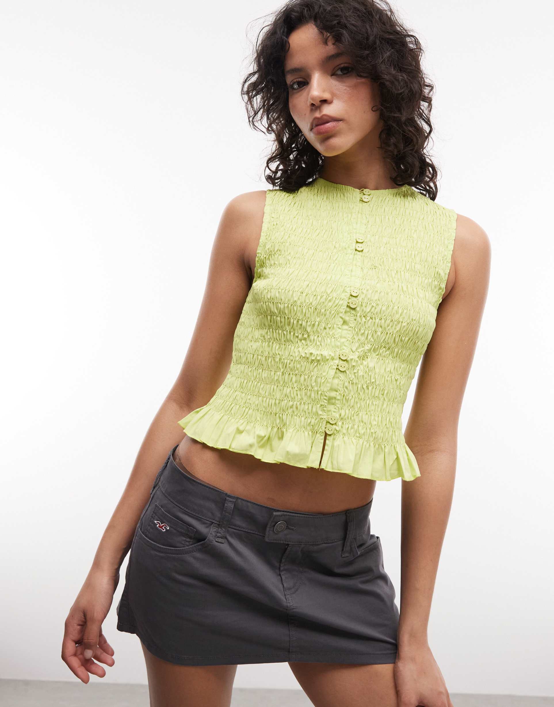 asos design double button shirred sleeveless top in green