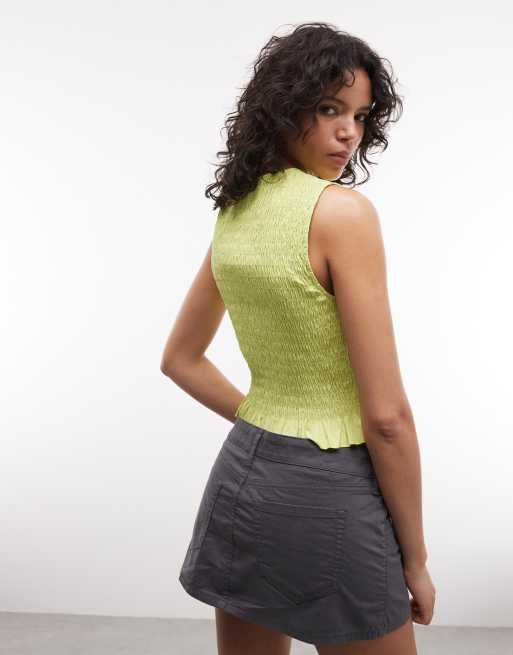 ASOS DESIGN double button shirred sleeveless top in green, 4 of 4