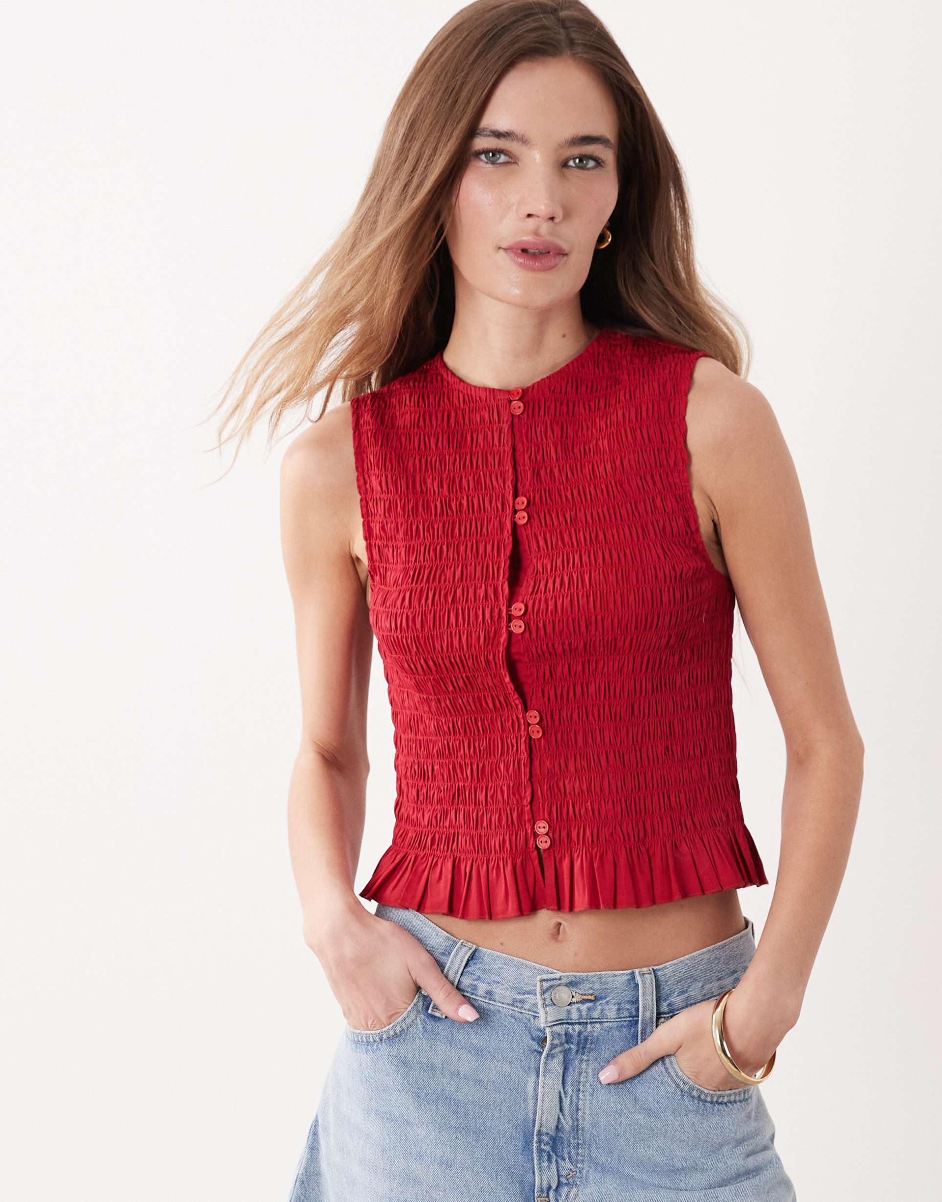 asos design double button shirred sleeveless top in red