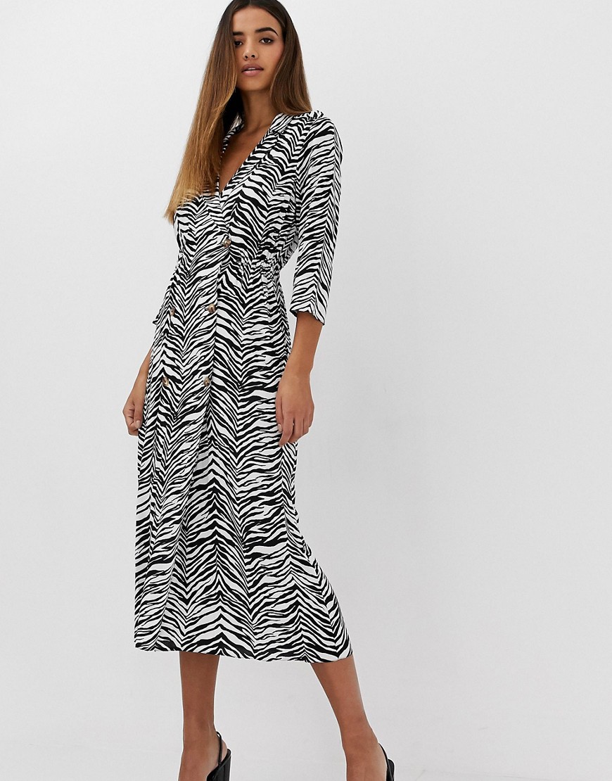 ASOS DESIGN double button through collared midi shirt dress in mono zebra print-Multi