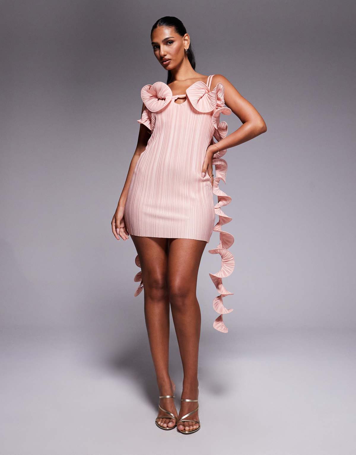 ASOS DESIGN double cami strap with curly detail plisse mini dress in light pink