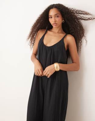 Asos Design Double Cloth Braided Tie Detail Scoop Neck Jumpsuit In Black