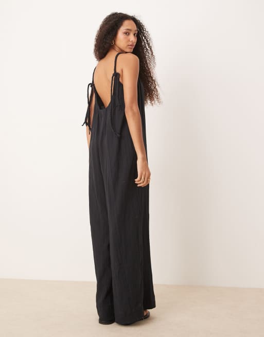 ASOS DESIGN double cloth braided tie detail scoop neck jumpsuit in black, 4 of 4