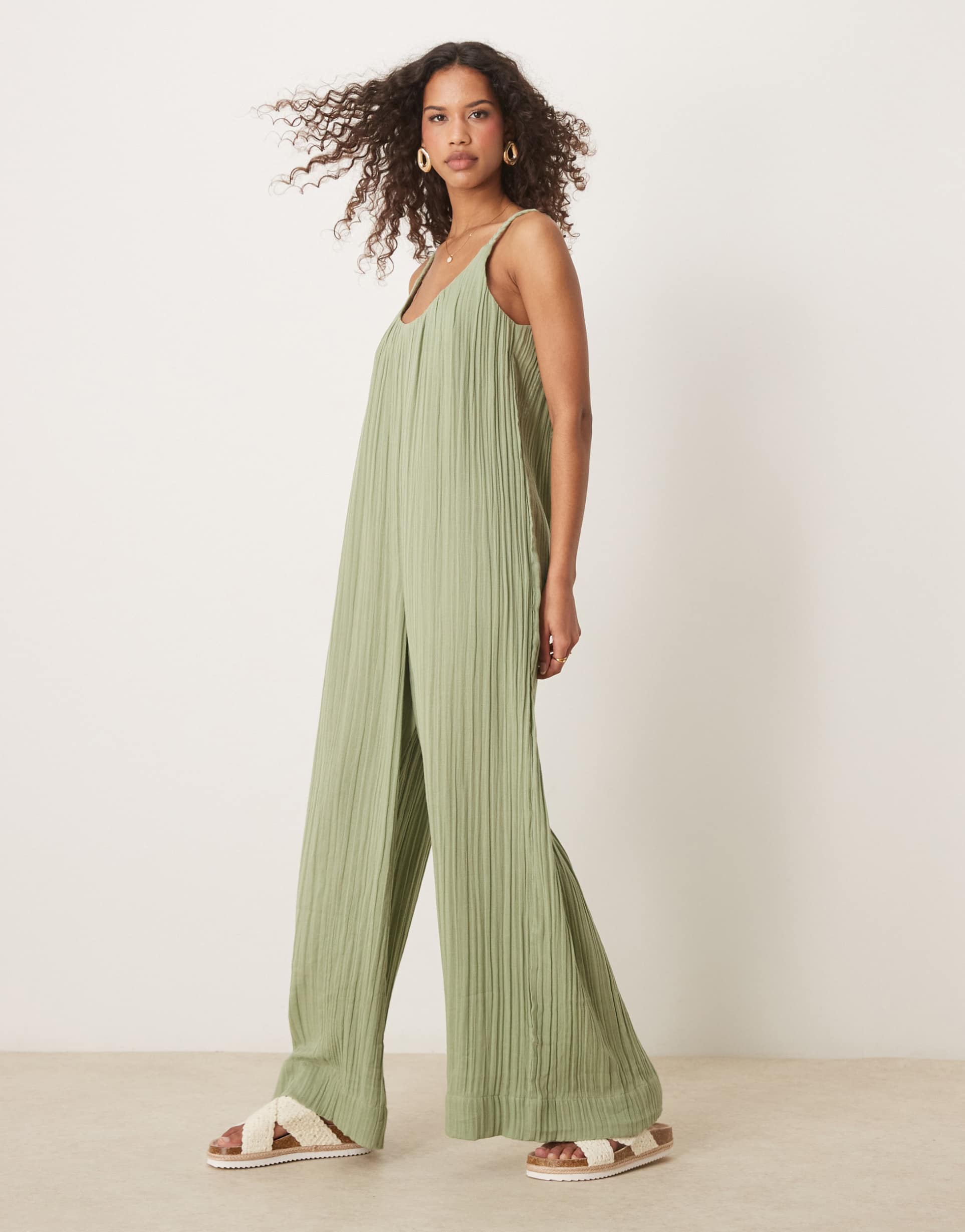 asos design double cloth braided tie detail scoop neck jumpsuit in khaki green