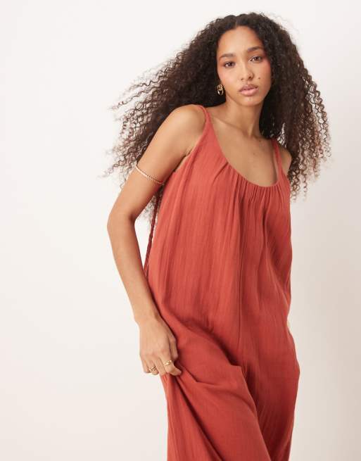 ASOS DESIGN double cloth braided tie detail scoop neck jumpsuit in rust, 2 of 4