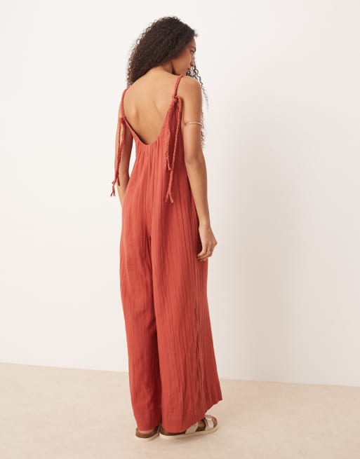 ASOS DESIGN double cloth braided tie detail scoop neck jumpsuit in rust, 3 of 4