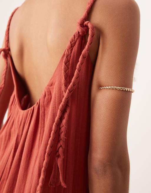 ASOS DESIGN double cloth braided tie detail scoop neck jumpsuit in rust, 4 of 4