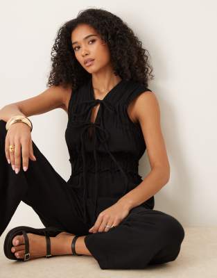 Asos Design Double Cloth Gathered Bust Jumpsuit In Black