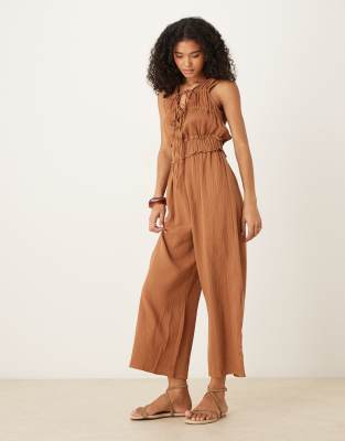 Asos Design Double Cloth Gathered Bust Jumpsuit In Brown