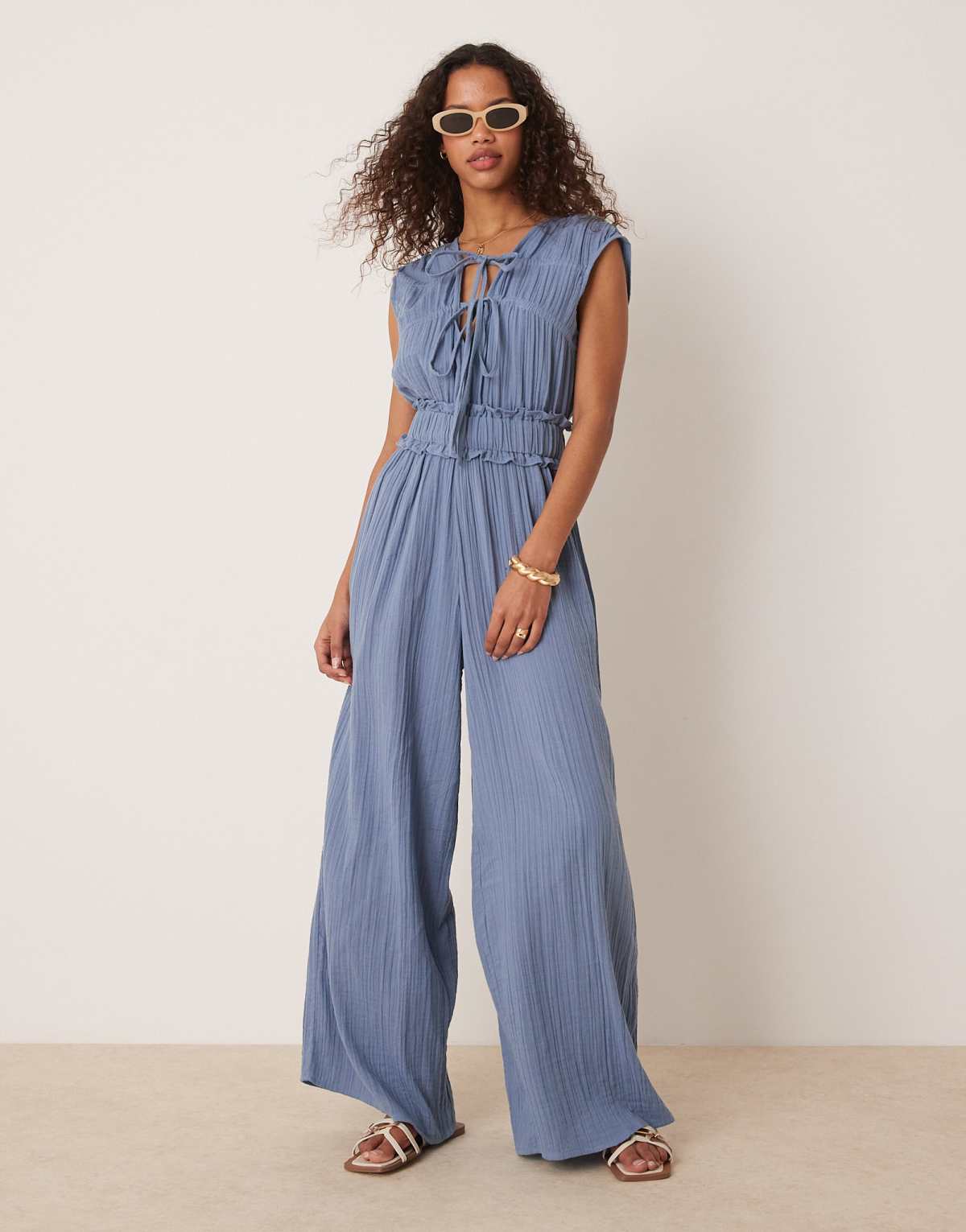 ASOS DESIGN double cloth gathered bust jumpsuit in denim blue