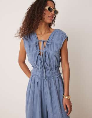 Asos Design Double Cloth Gathered Bust Jumpsuit In Blue