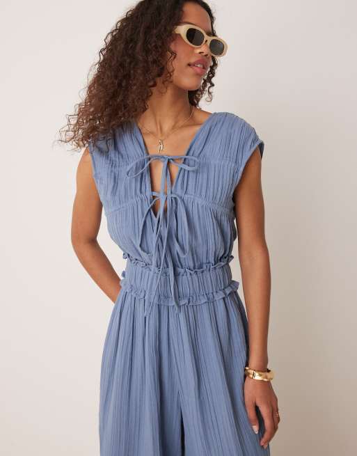 ASOS DESIGN double cloth gathered bust jumpsuit in denim blue, 2 of 4