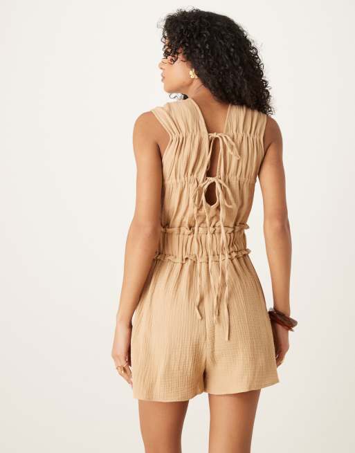 ASOS DESIGN double cloth gathered bust playsuit in sand, 4 of 4