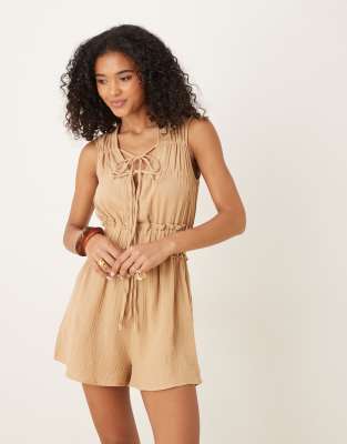 Asos Design Double Cloth Gathered Bust Romper In Neutral