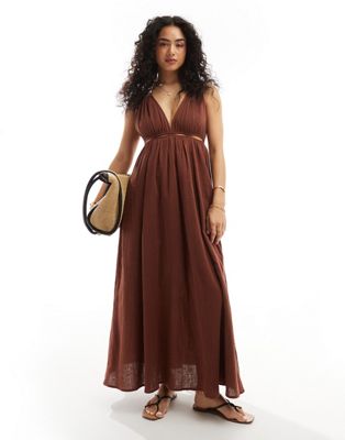 double cloth maxi dress with twisted strap and cut-out detail in brown-Multi