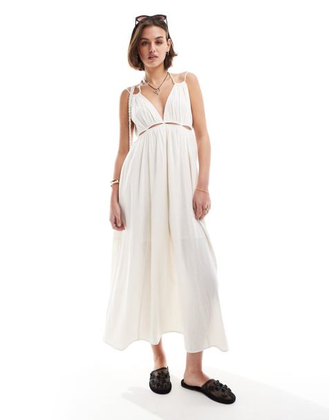 ASOS DESIGN double cloth maxi dress with twisted strap and cut out detail in cream - view 1