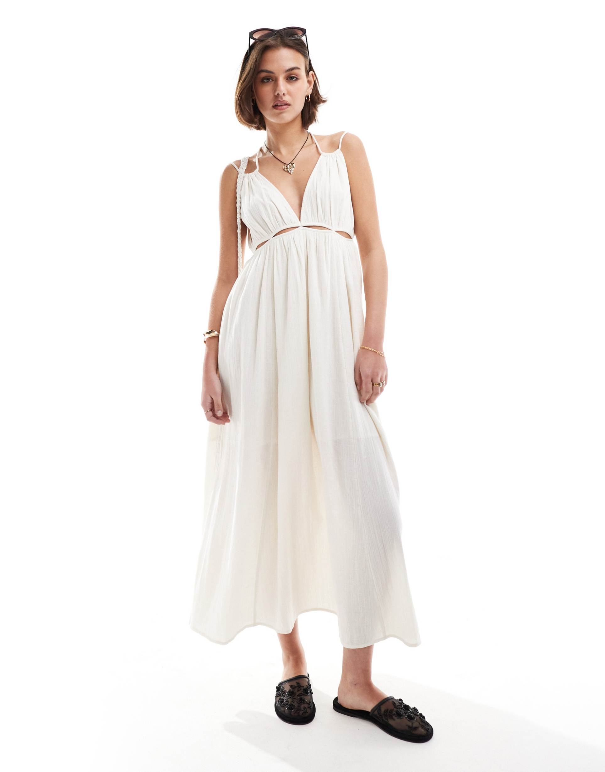 asos design double cloth maxi dress with twisted strap and cut out detail in cream