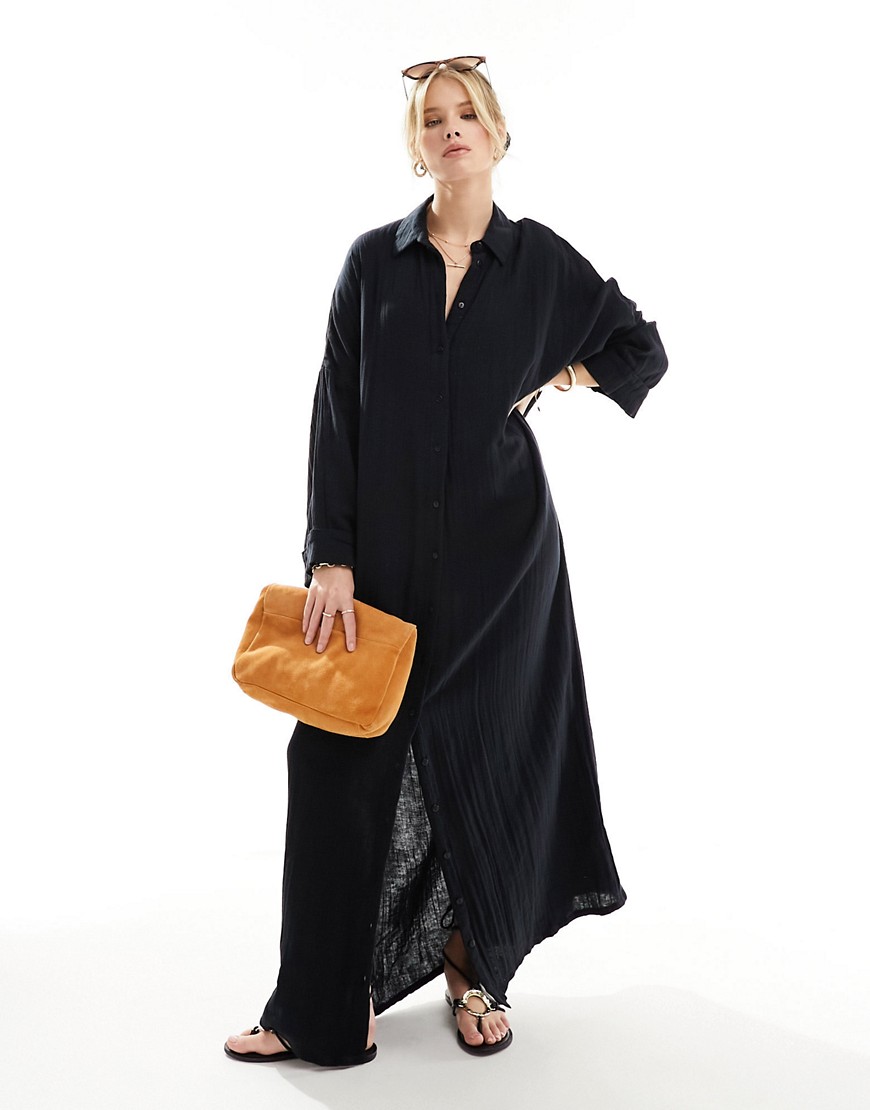 Asos Design Double Cloth Maxi Shirt Dress In Black