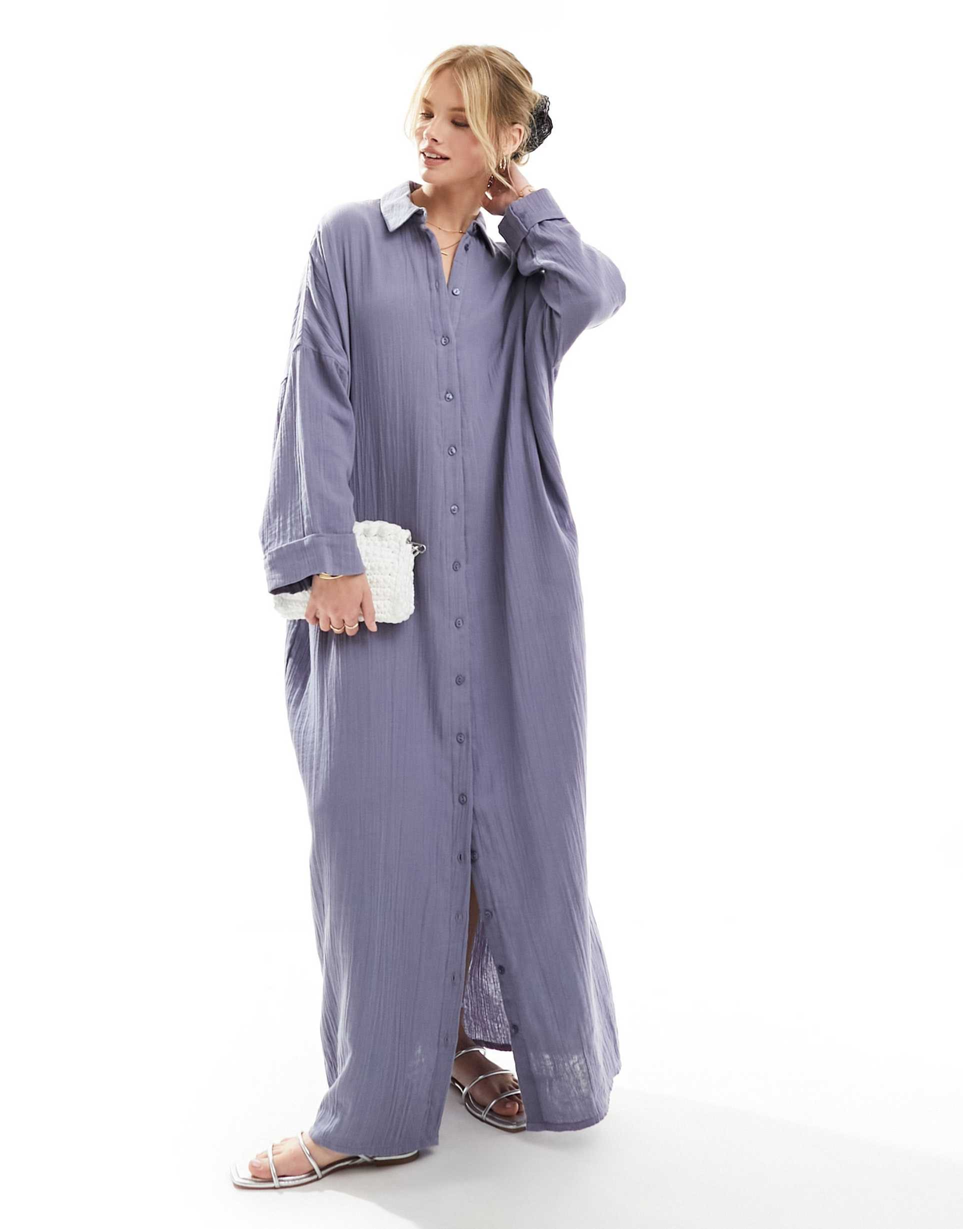 asos design double cloth maxi shirt dress in blue