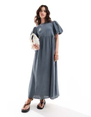 double cloth midi smock dress with puff ball sleeves in denim blue