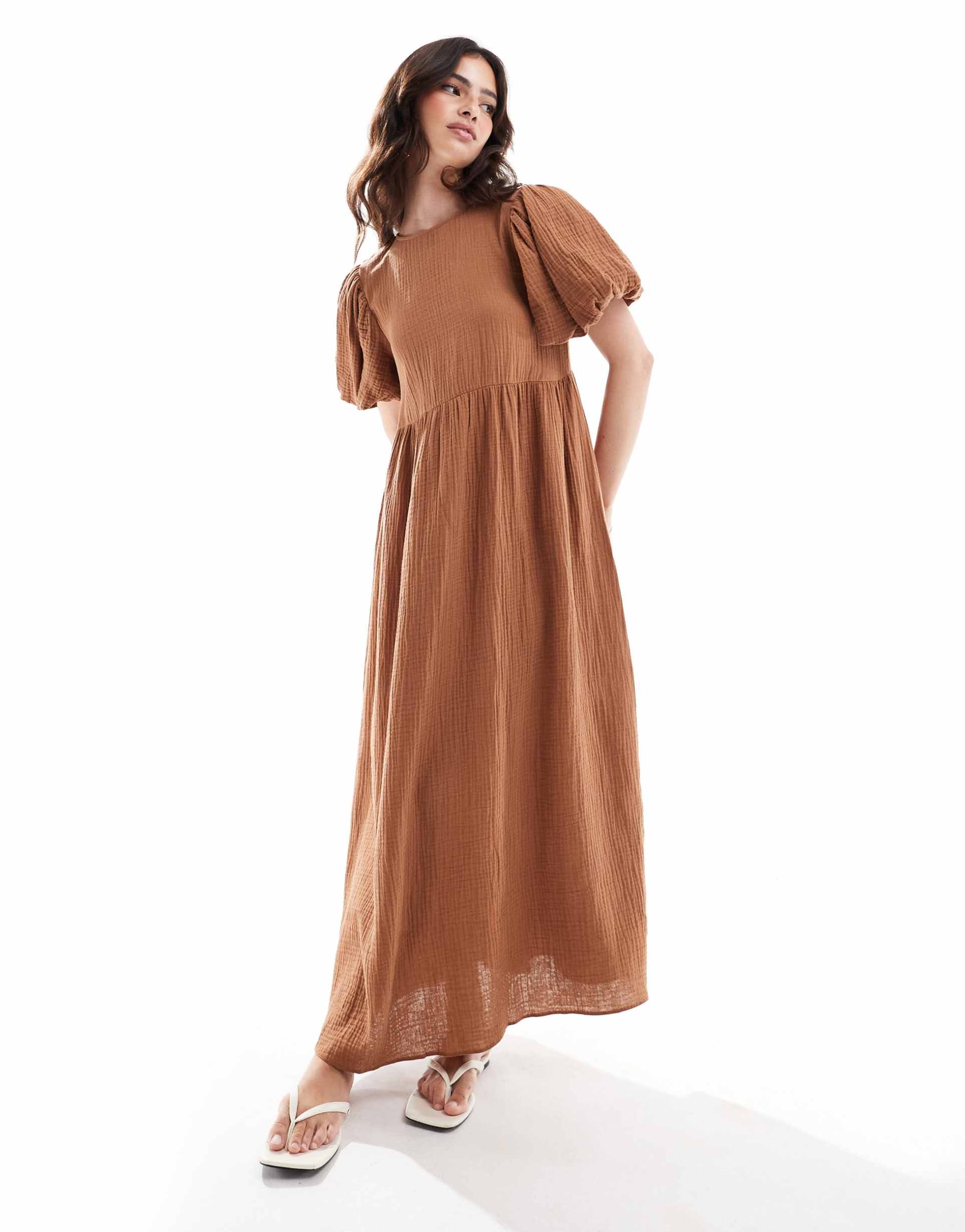 asos design double cloth midi smock dress with puff ball sleeves in rust