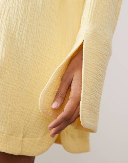 ASOS DESIGN double cloth mini shirt dress with wide cuffs and oversized pockets in lemon, 3 of 4