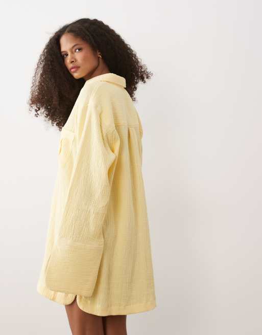 ASOS DESIGN double cloth mini shirt dress with wide cuffs and oversized pockets in lemon, 4 of 4
