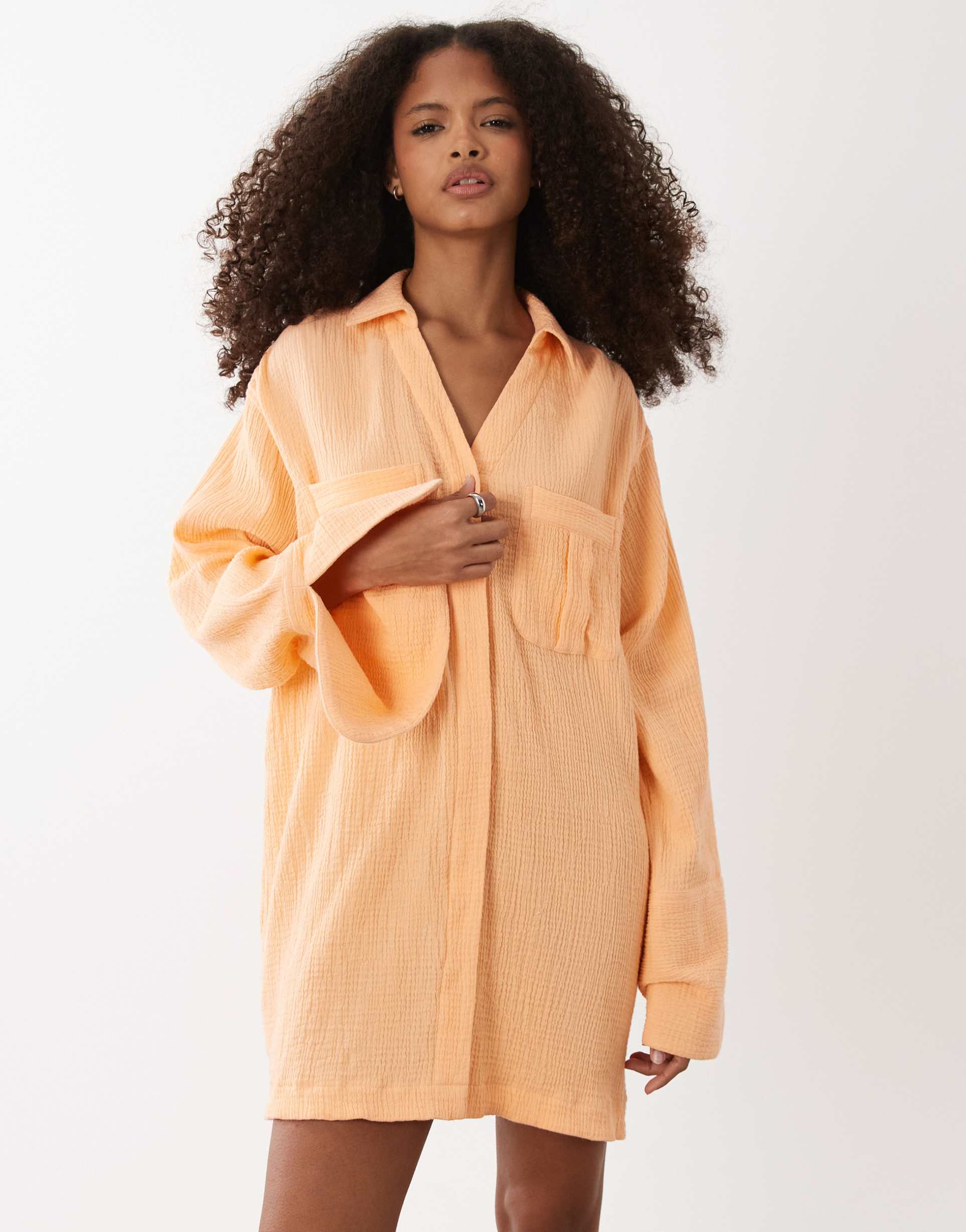 asos design double cloth mini shirt dress with wide cuffs and oversized pockets in orange spritz