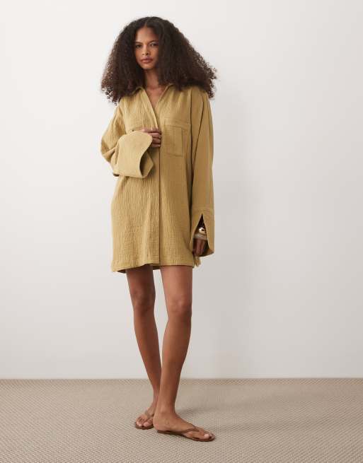 ASOS DESIGN double cloth mini shirt dress with wide cuffs and oversized  pockets in toasted sage | ASOS