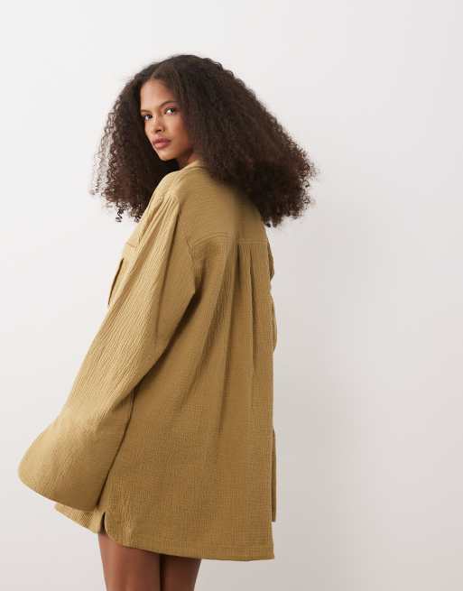 ASOS DESIGN double cloth mini shirt dress with wide cuffs and oversized pockets in toasted sage, 4 of 4