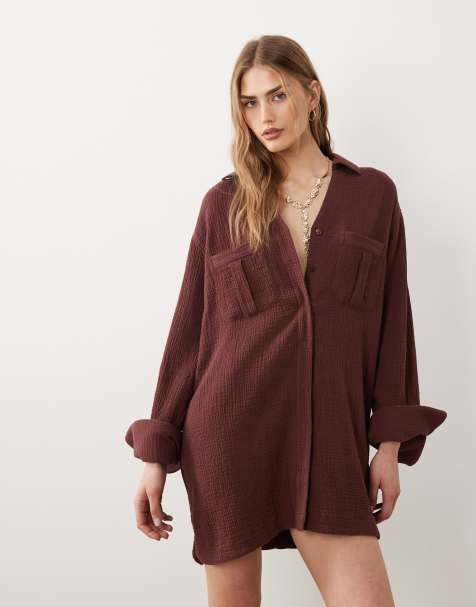 ASOS DESIGN double cloth mini shirt dress with wide cuffs and oversized pockets in warm chocolate - view 1
