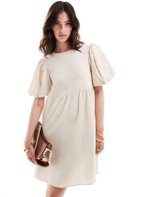 Asos Design Double Cloth Mini Smock Dress With Puff Ball Sleeves In White