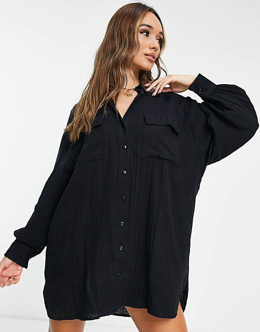ASOS DESIGN double cloth oversized mini shirt dress in black | ASOS
