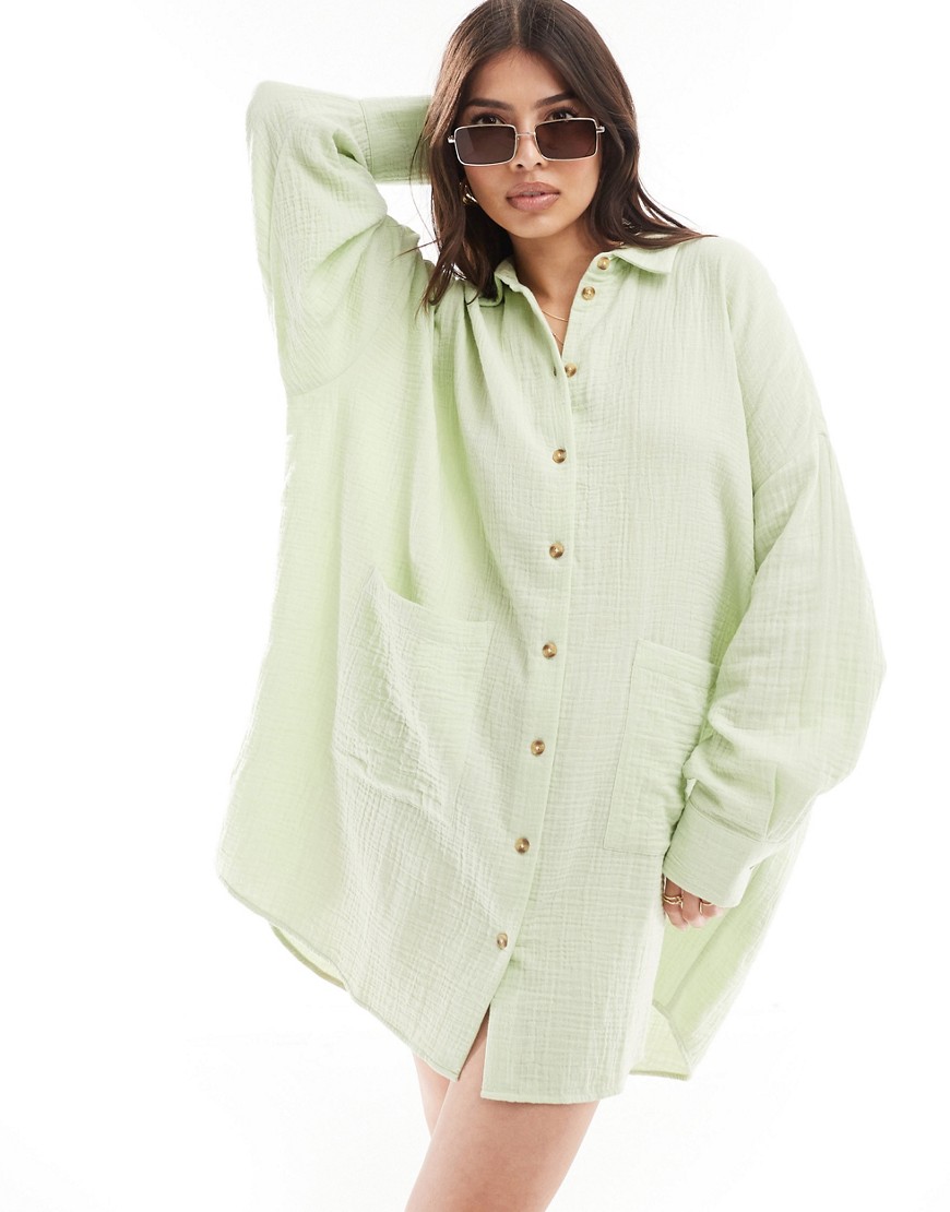 Asos Design Double Cloth Oversized Shirt Dress With Dropped Pockets In Apple Green
