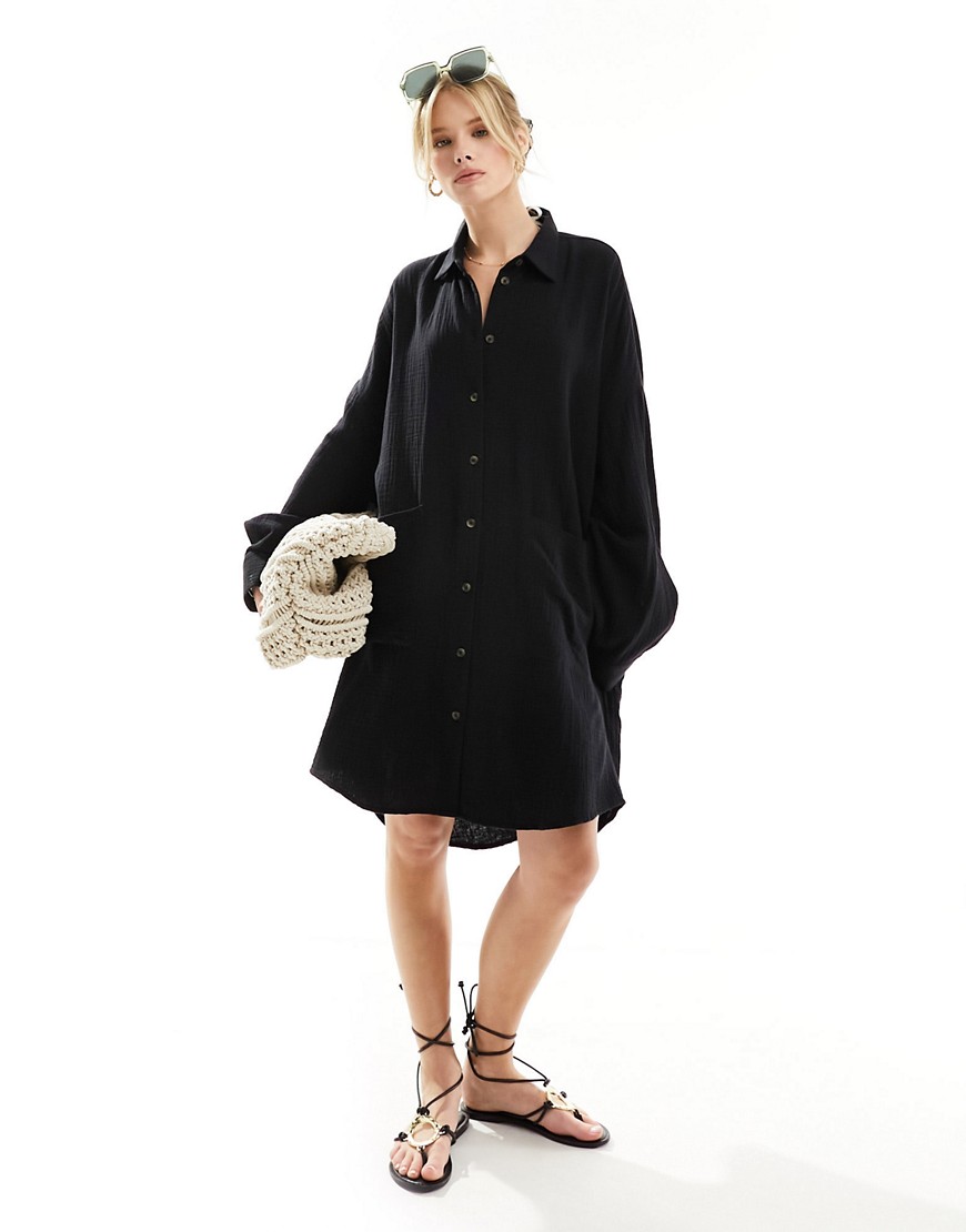 ASOS DESIGN double cloth oversized shirt dress with dropped pockets in black
