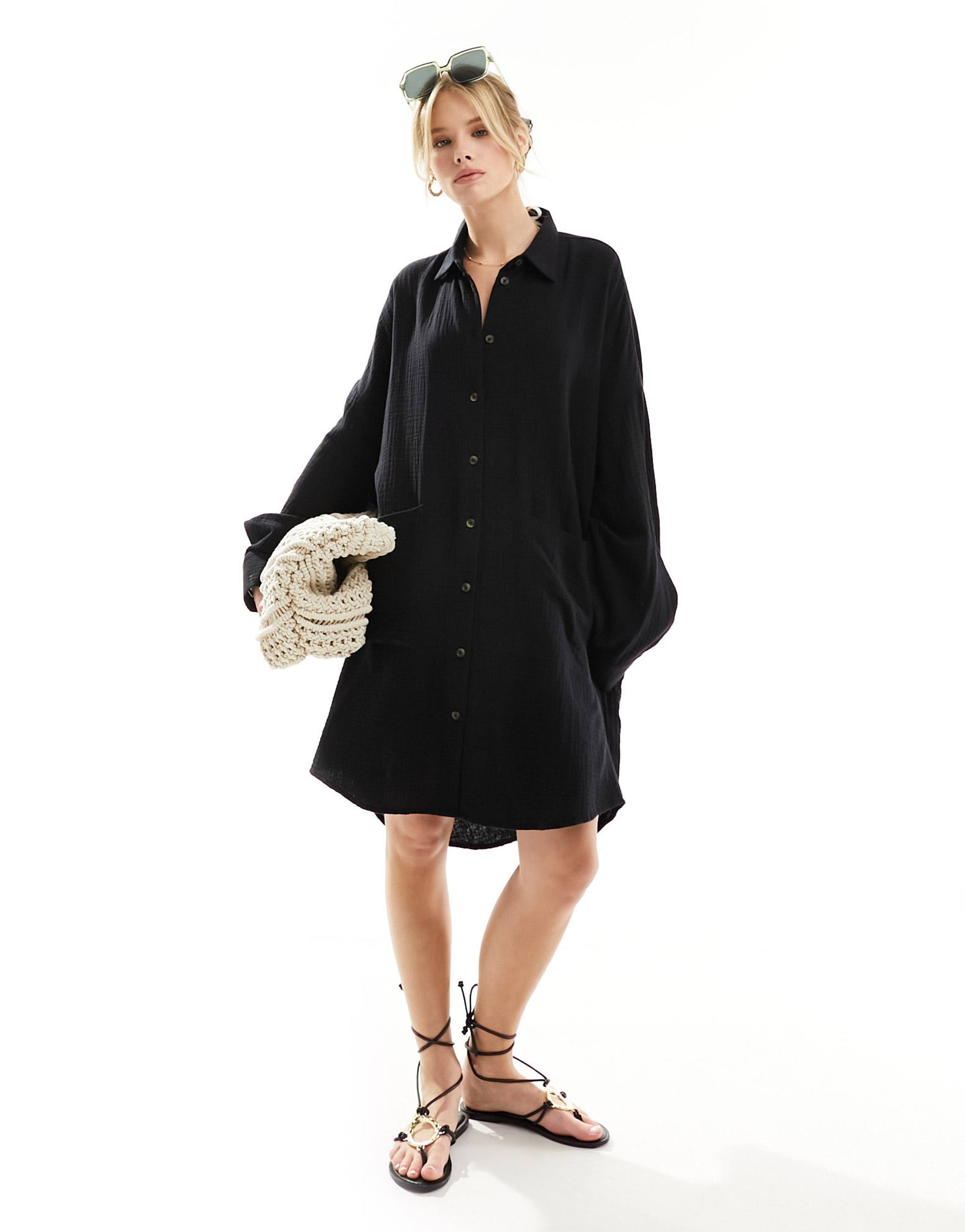 asos design double cloth oversized shirt dress with dropped pockets in black