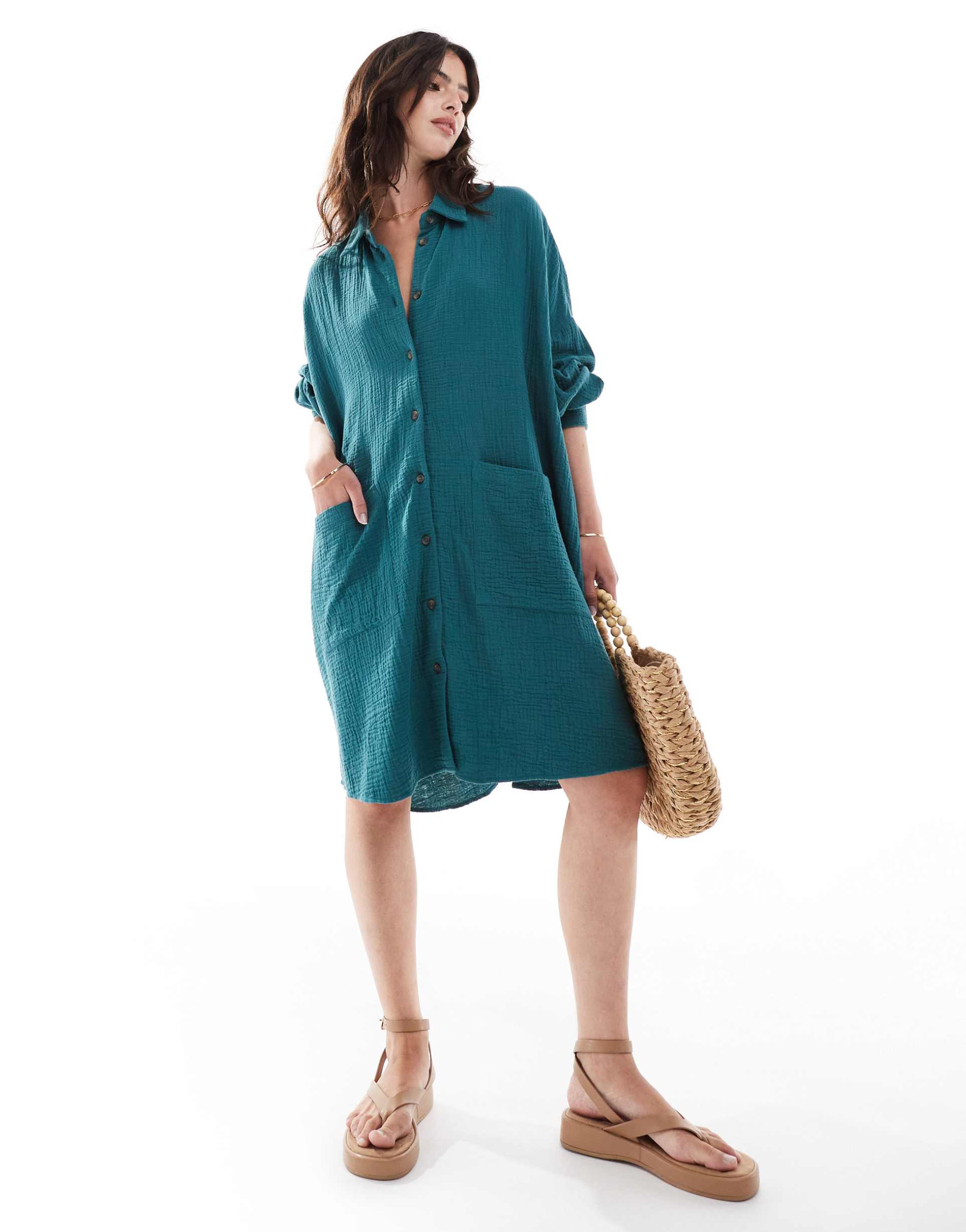 asos design double cloth oversized shirt dress with dropped pockets in blue