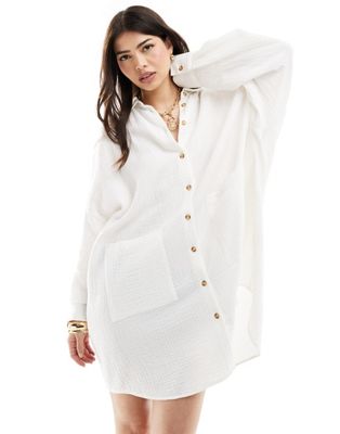Asos Design Double Cloth Oversized Shirt Dress With Dropped Pockets In Cream-white