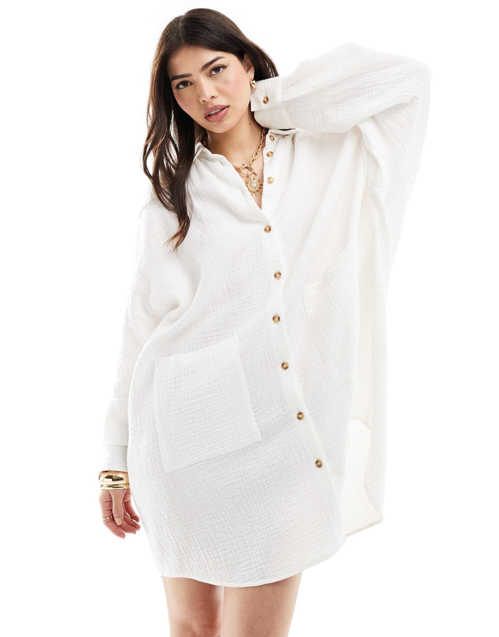 asos design double cloth oversized shirt dress with dropped pockets in cream