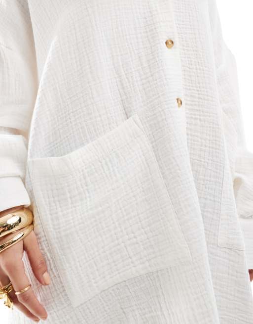 ASOS DESIGN double cloth oversized shirt dress with dropped pockets in cream, 2 of 4
