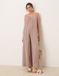 [ASOS DESIGN] ASOS DESIGN double cloth plait tie detail scoop neck jumpsuit in taupe-Neutral 12 Taupe