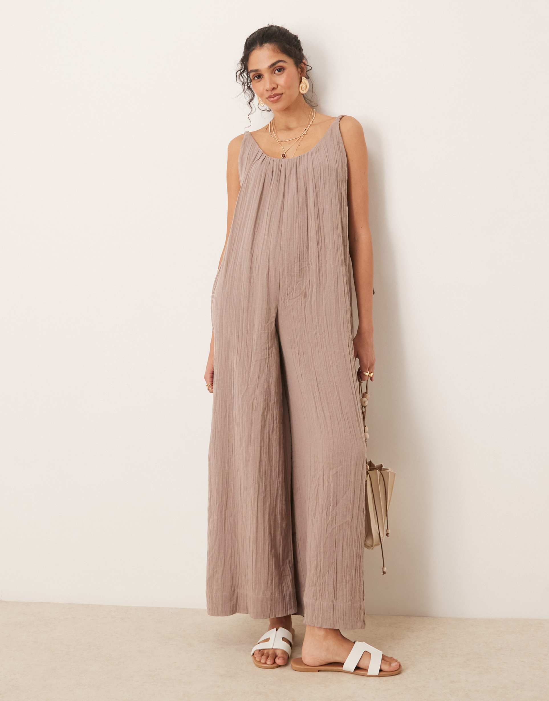 asos design double cloth plait tie detail scoop neck jumpsuit in taupe