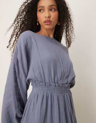 ASOS DESIGN double cloth shapeless maxi dress with ruched waist and wide sleeves in smoky blue