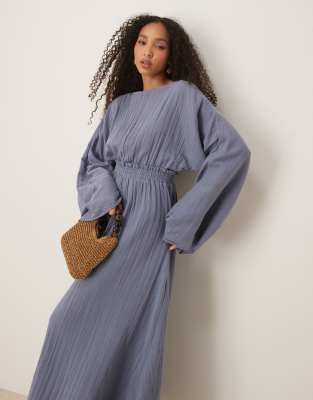 ASOS DESIGN double cloth shapeless maxi dress with ruched waist and wide sleeves in smoky blue