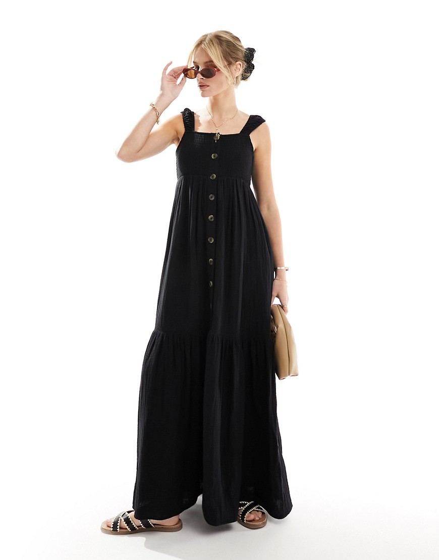 ASOS DESIGN double cloth shirred button through tie back maxi dress in black - BLACK