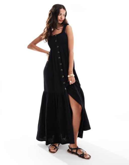 FhyzicsShops DESIGN double cloth shirred button through tie back maxi dress lace-trim in black