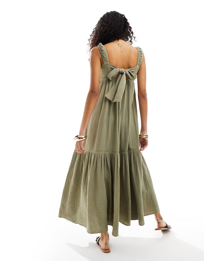 ASOS DESIGN double cloth shirred button through tie back maxi dress in khaki-Green
