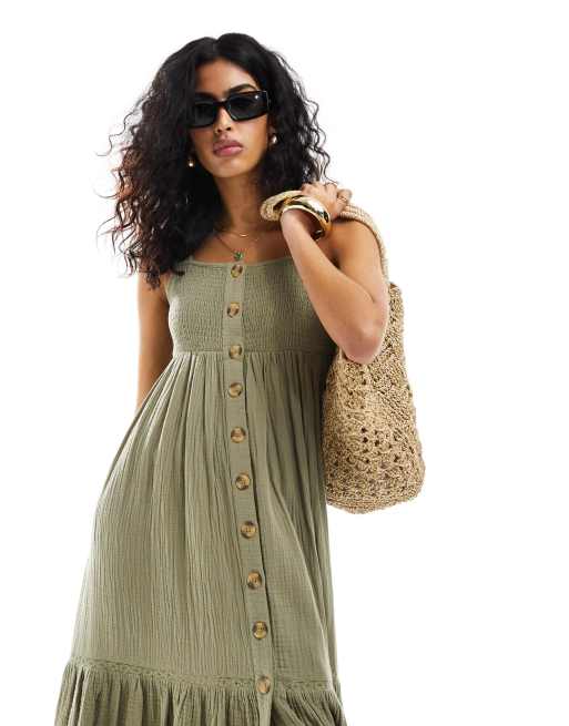 ASOS DESIGN double cloth shirred button through tie back maxi dress in khaki ASOS