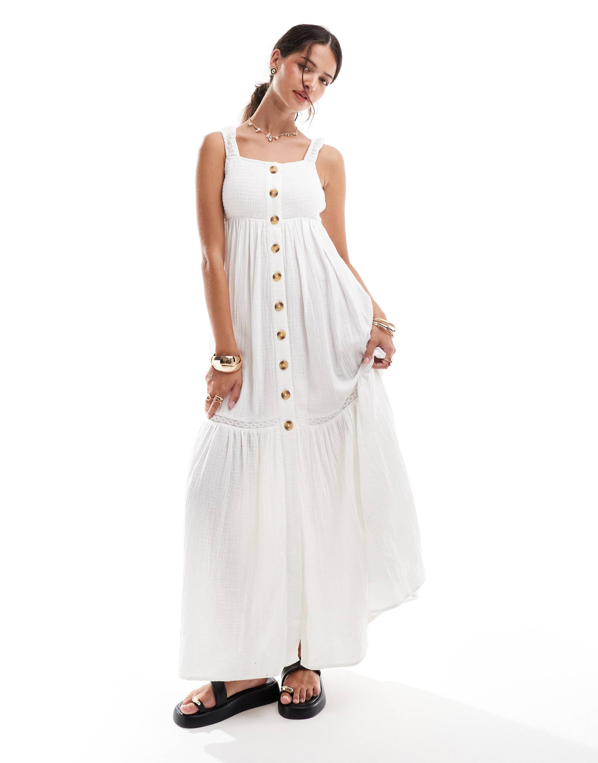 asos design double cloth shirred button through tie back maxi dress in whipped cream