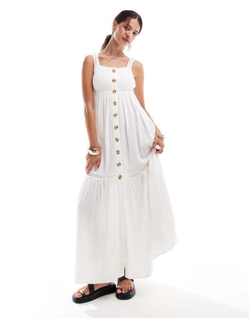 ASOS DESIGN double cloth shirred button through tie back maxi dress in whipped cream ASOS